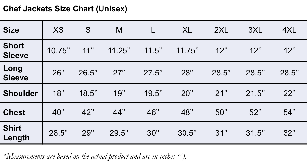 Unisex Chef Jacket Measurement