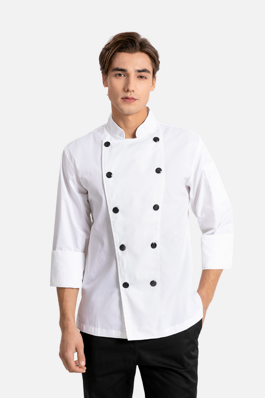 Classic Long Sleeve Black Buttons White Chef Jacket