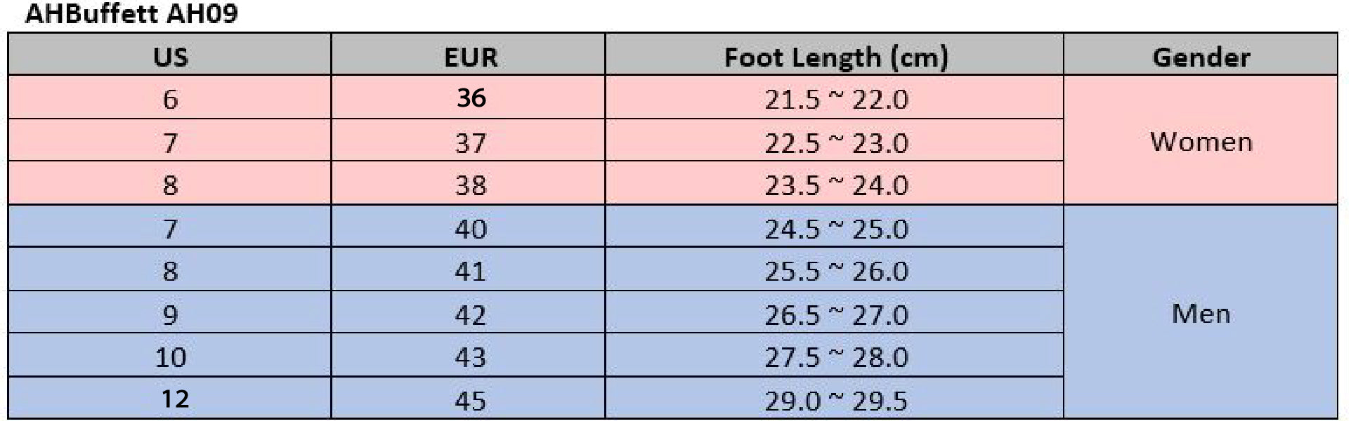 Chef Kitchen Clogs AH09 Size Chart