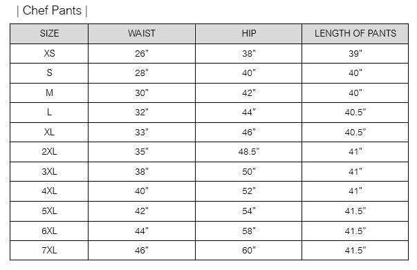 Kitchen Chef Pants Size Chart