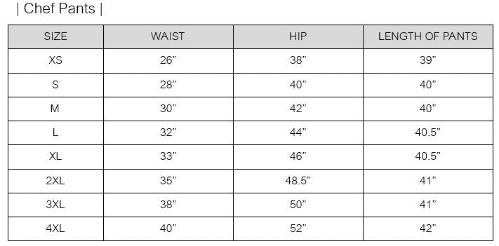 Kitchen Chef Pants Size Chart